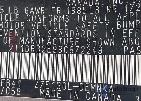 2008 Toyota Corolla Le from USA, damaged, VIN 2T1BR32E98C872249